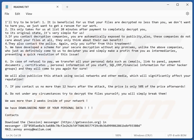 Annoy ransomware nota de resgate (README.TXT)