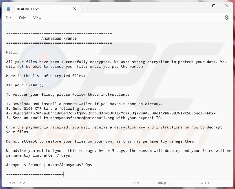 Anonymous France ficheiro de texto de ransomware (README1.txt - README10.txt)
