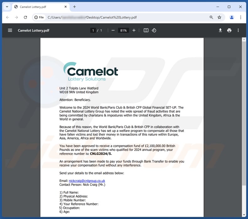 Camelot Lottery Solutions email spam campanha