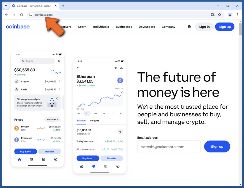 Aparência do sítio Web real da Coinbase (coinbase.com)