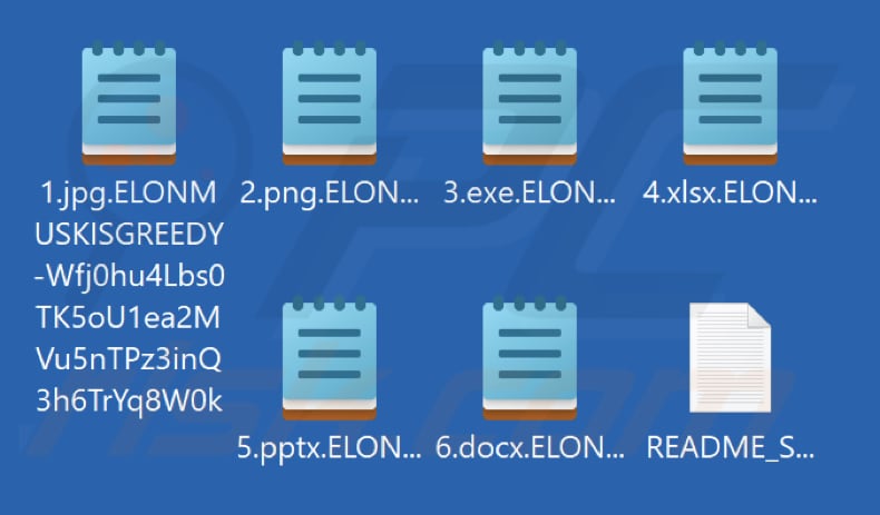 Ficheiros encriptados pelo ransomware ElonMuskIsGreedy (com a extensão .ELONMUSKISGREEDY-[victim's_ID])