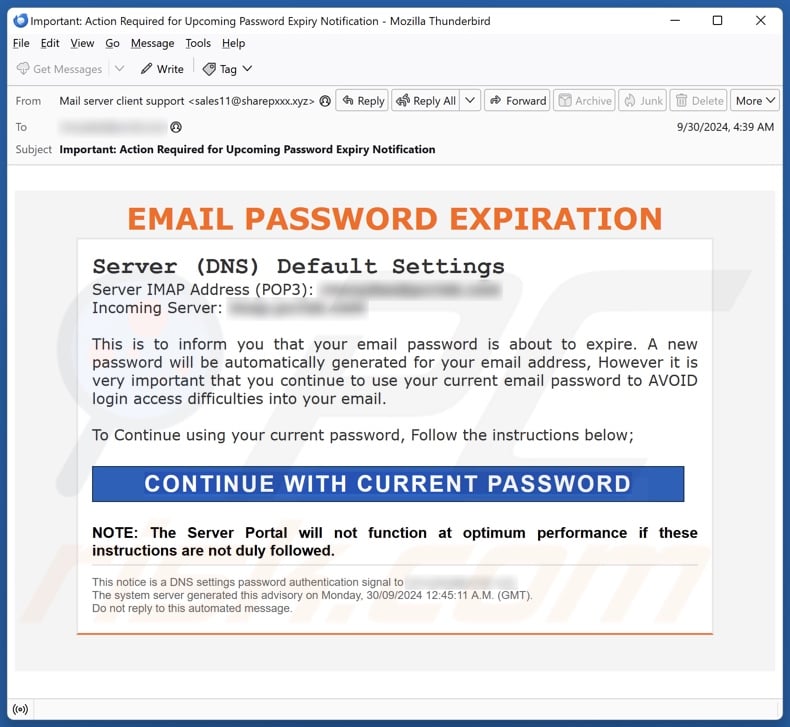 Email Password Expiration campanha de spam por correio eletrónico