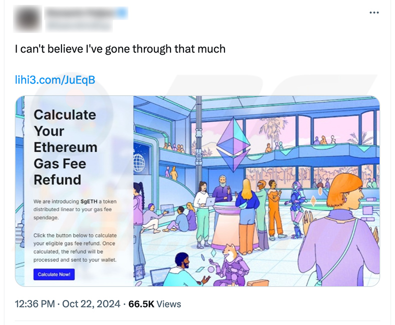 X (Twitter) post que promove o site de drenagem Ethereum Gas Fee Refunds (ethereum-org.dex-dd[.]com)