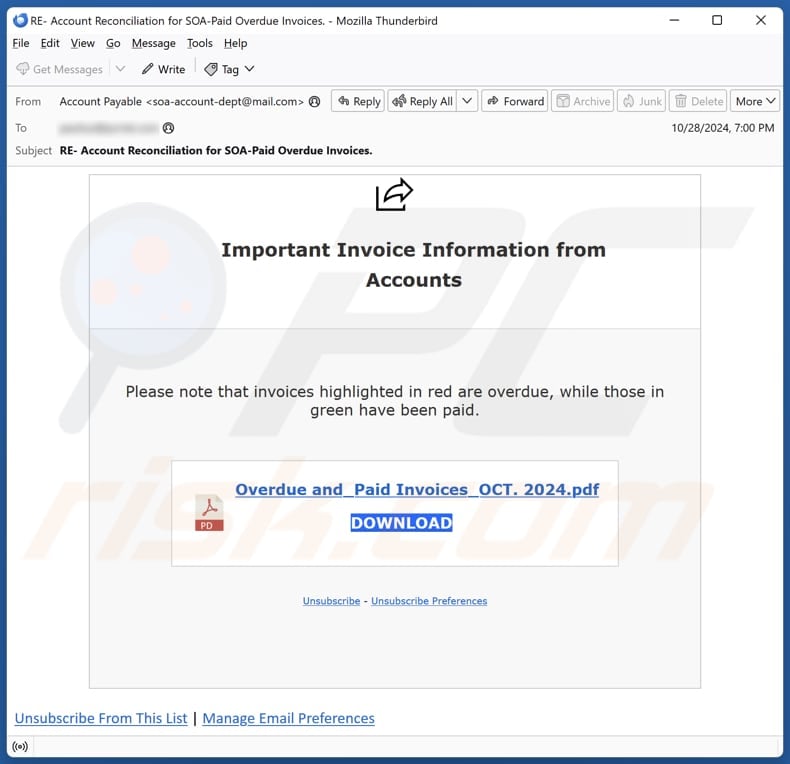 Important Invoice Information From Accounts campanha de spam por correio eletrónico