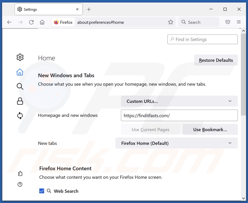Removendo finditfasts.com da página inicial do Mozilla Firefox