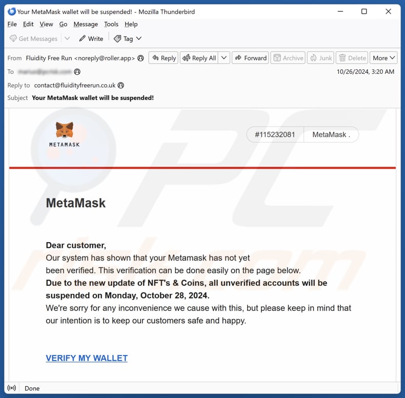 MetaMask Wallet Verification campanha de spam por correio eletrónico