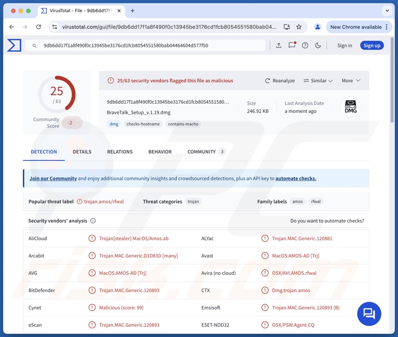 Multiverze detecções de malware no VirusTotal