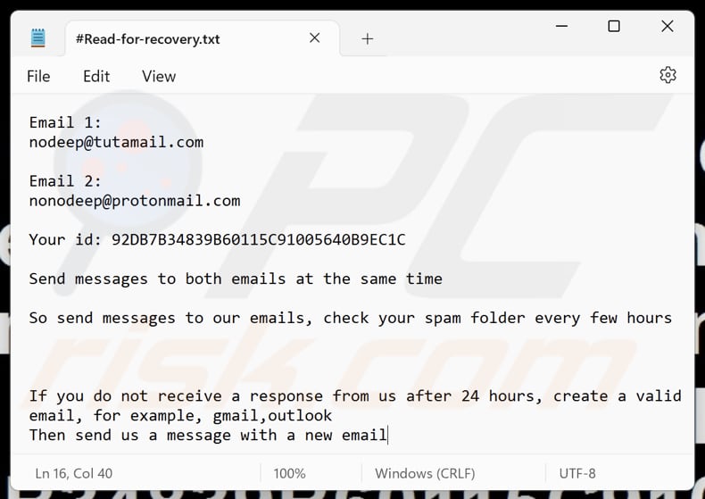 NoDeep ransomware ficheiro de texto (#Read-for-recovery.txt)