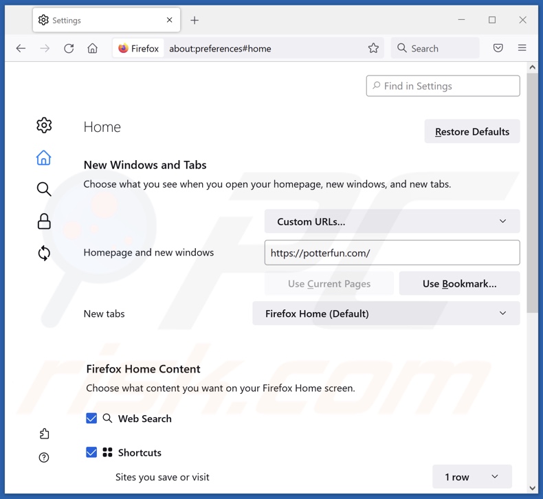 Remoção do potterfun.com da página inicial do Mozilla Firefox