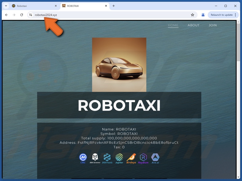 Aparecimento de um sítio Web (robotaxi2024[.]xyz) que promove o esquema ROBOTAXI ($TAXI)