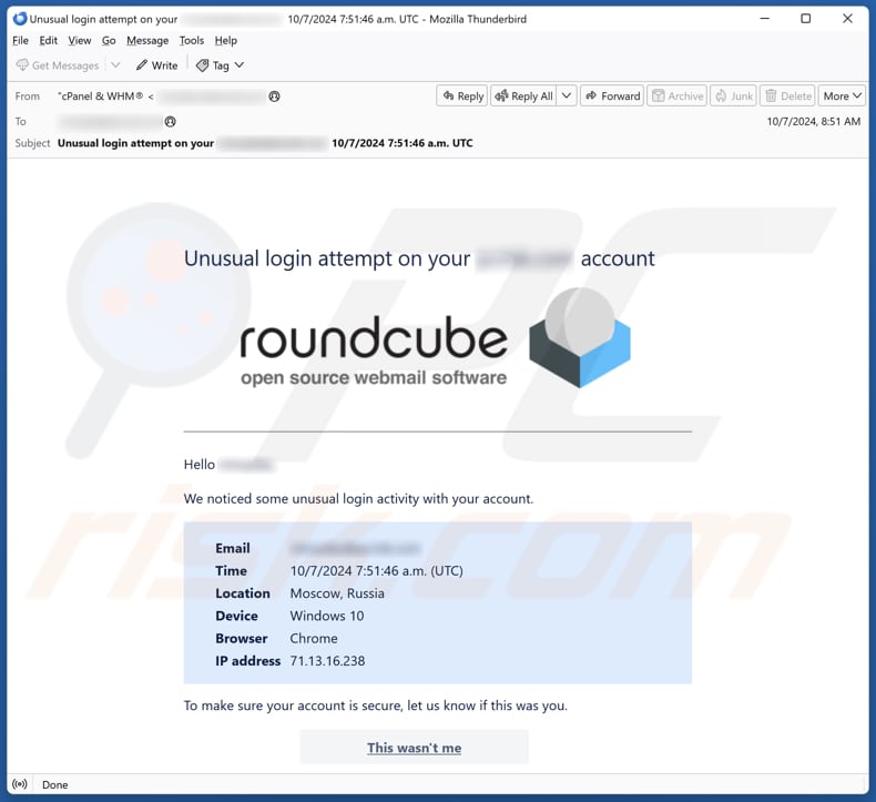 Roundcube - Unusual Login Attempt campanha de spam por correio eletrónico