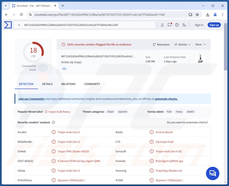 SMD69 detecções de malware no VirusTotal