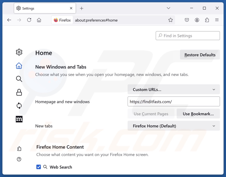 Removendo finditfasts.com da página inicial do Mozilla Firefox