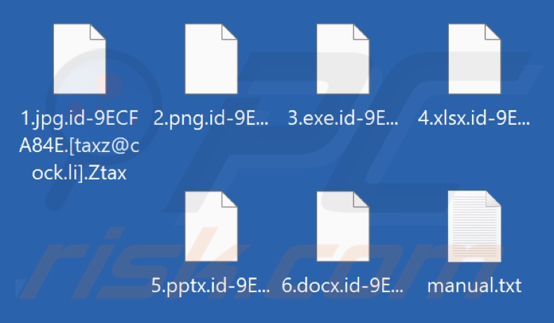 Ficheiros encriptados por Ztax ransomware (extensão .Ztax)