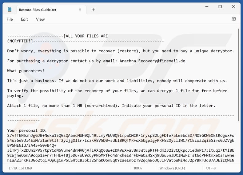 Arachna ransomware ficheiro de texto (Restore-Files-Guide.txt)