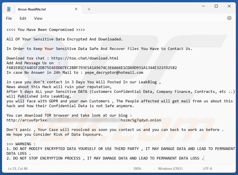 Arcus ransomware segunda variante da nota de resgate (Arcus-ReadMe.txt)