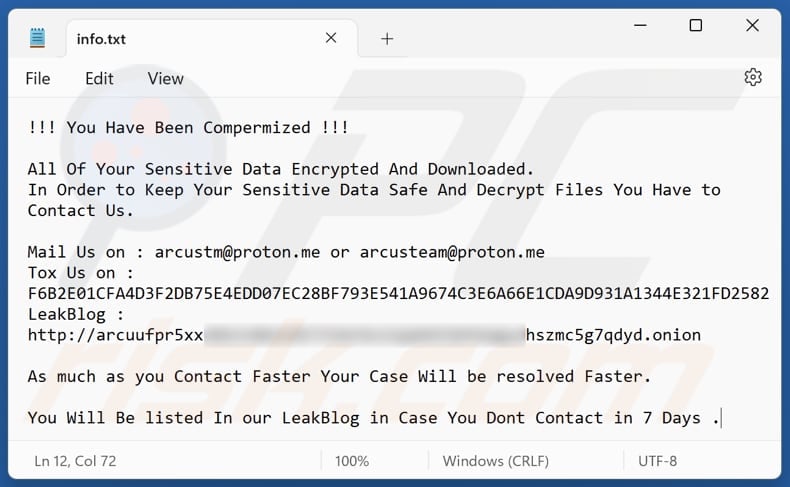 Arcus ransomware ficheiro de texto (info.txt)