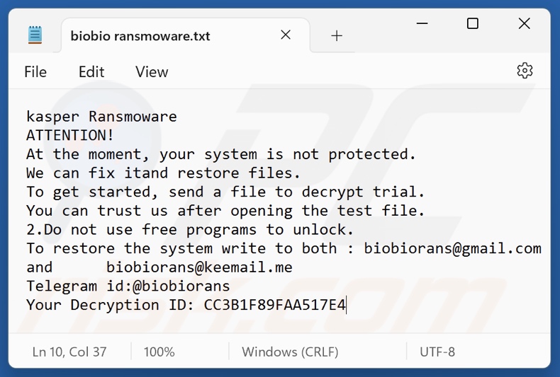 Biobio (Kasper) ransomware nota de resgate (biobio ransmoware.txt)