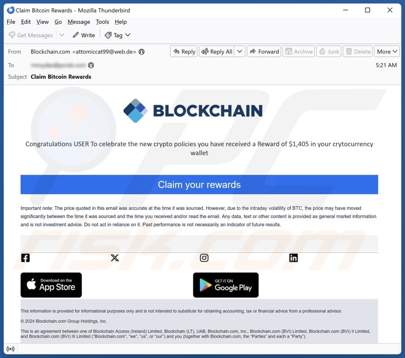 Blockchain Rewards campanha de spam por correio eletrónico