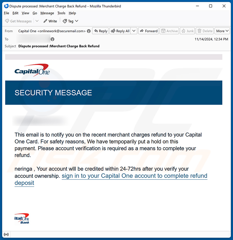 Capital One SECURITY MESSAGE e-mail fraude (2024-11-19)