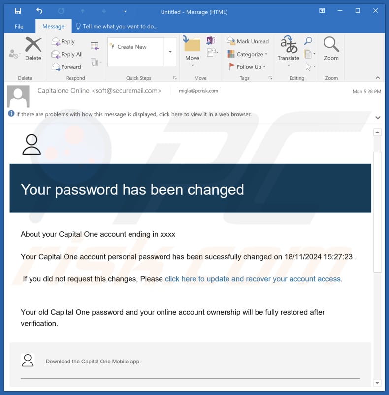 Capital One - Your Password Has Been Changed campanha de spam por correio eletrónico
