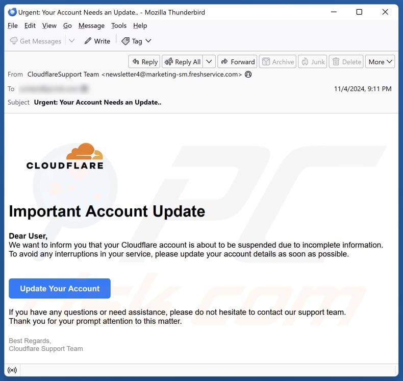 Cloudflare - Important Account Update campanha de spam por correio eletrónico