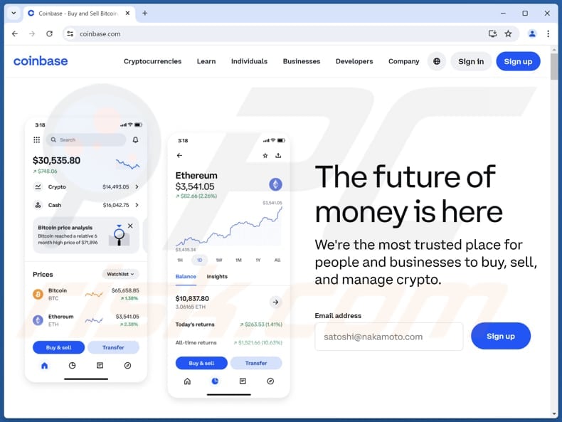 Coinbase Enhanced Security Measures Sítio Web fraudulento coinbase.com