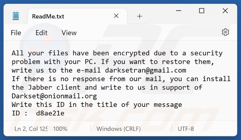 DARKSET ransomware nota de resgate (ReadMe.txt)