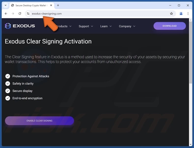 Exodus Clear Signing Activation fraude