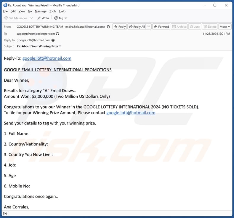 Google Email Lottery International Promotions campanha de spam por correio eletrónico