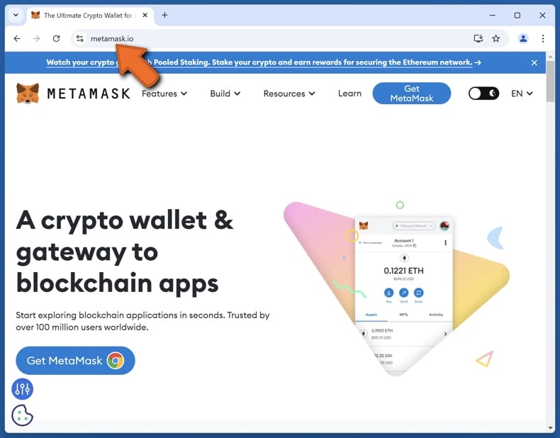 Sítio Web real da MetaMask (metamask.io)