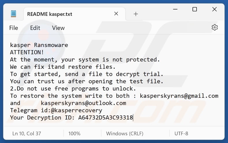 Kasper ransomware ficheiro de texto (README kasper.txt)