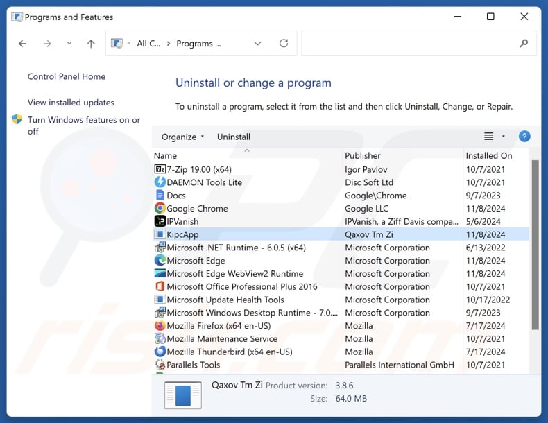 KipcApp desinstalar através do Painel de Controlo