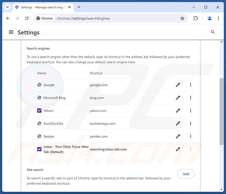 Remoção do lotus-tab.com do motor de busca predefinido do Google Chrome