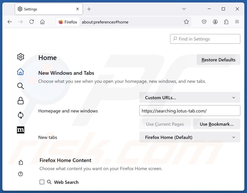 Removendo o lotus-tab.com da página inicial do Mozilla Firefox
