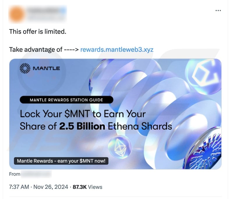 Mantle Rewards Station fraude a promover uma publicação no Twitter