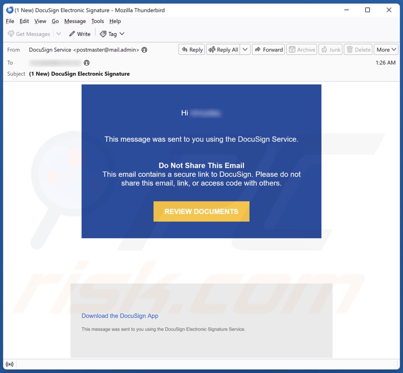 Message Sent Using DocuSign Service email spam campanha