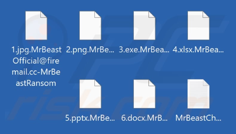 Ficheiros encriptados pelo ransomware MrBeast (extensão .MrBeastOfficial@firemail.cc-MrBeastRansom)