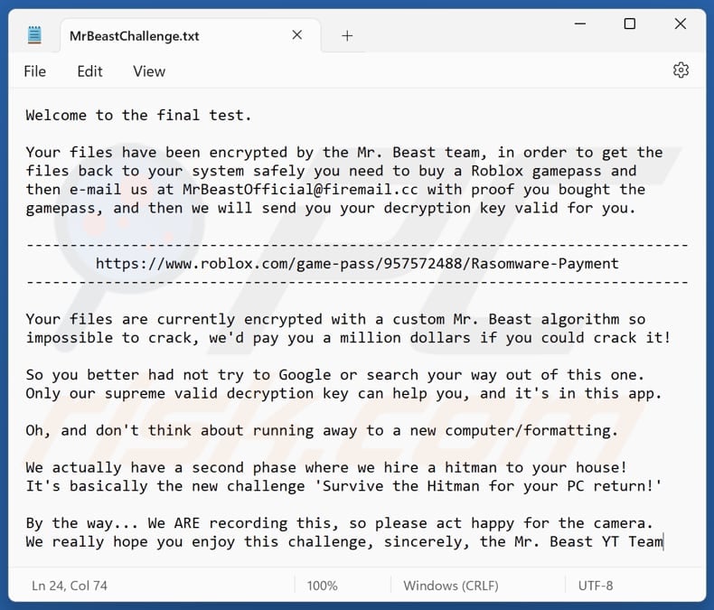 MrBeast ransomware ficheiro de texto (MrBeastChallenge.txt)