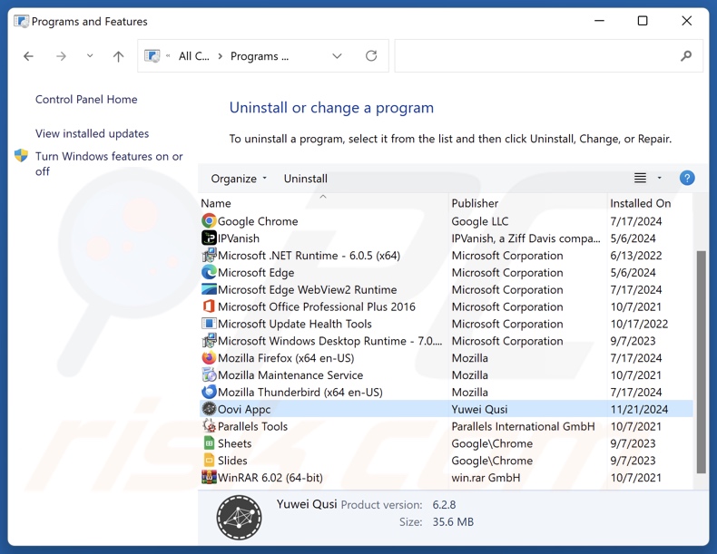 Oovi Appc desinstalar através do Painel de Controlo