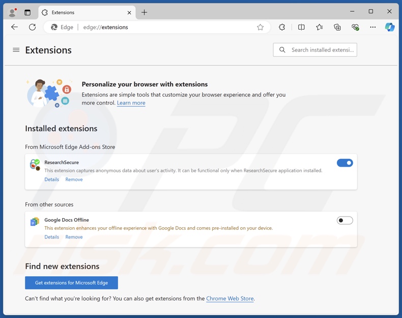 ResearchSecure PUA extensão do navegador instalada (Edge)