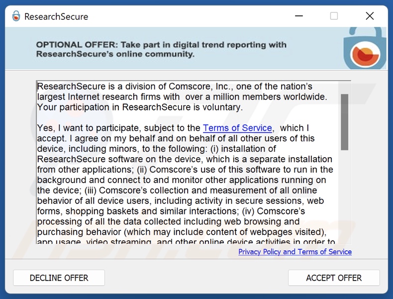 ResearchSecure PUA configuração da instalação