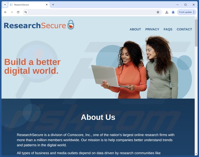 Sítio Web utilizado para promover ResearchSecure PUA