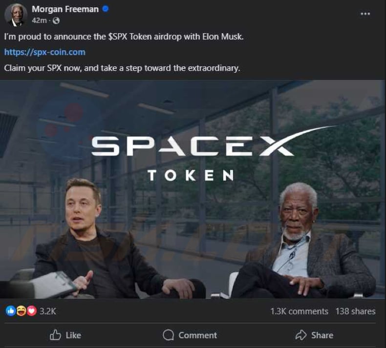 $SpaceX Coin Airdrop perfil roubado de Morgan Freeman que promove o esquema