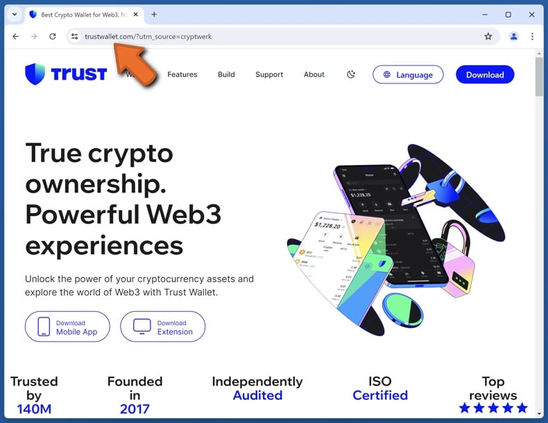 Aparência do verdadeiro sítio Web da Trust Wallet (trustwallet.com)