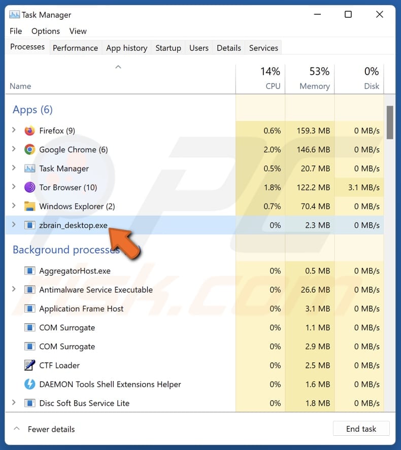 Violent_shark extensão maliciosa executada no gestor de tarefas como zbrain_desktop.exe