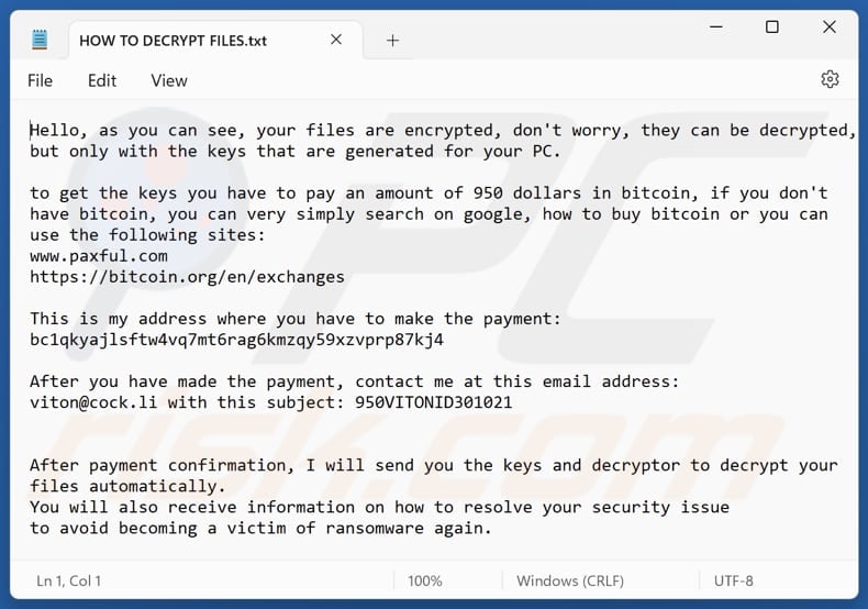 ViT ransomware ficheiro de texto (HOW TO DECRYPT FILES.txt)