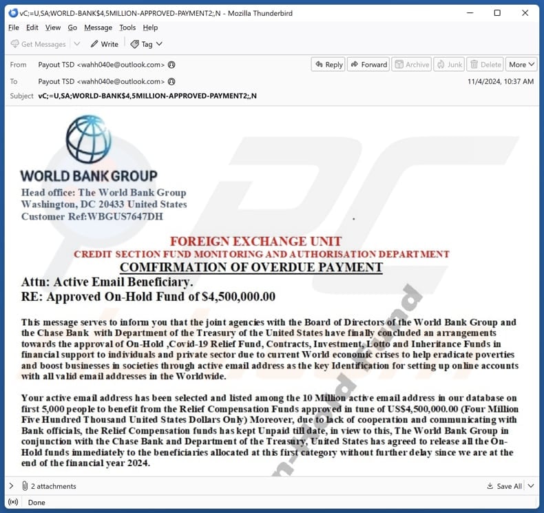 World Bank Group - Overdue Payment campanha de spam por correio eletrónico