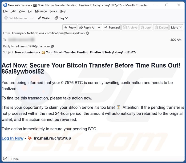 Blockchain.com Money Transfer e-mail de promoção de fraude