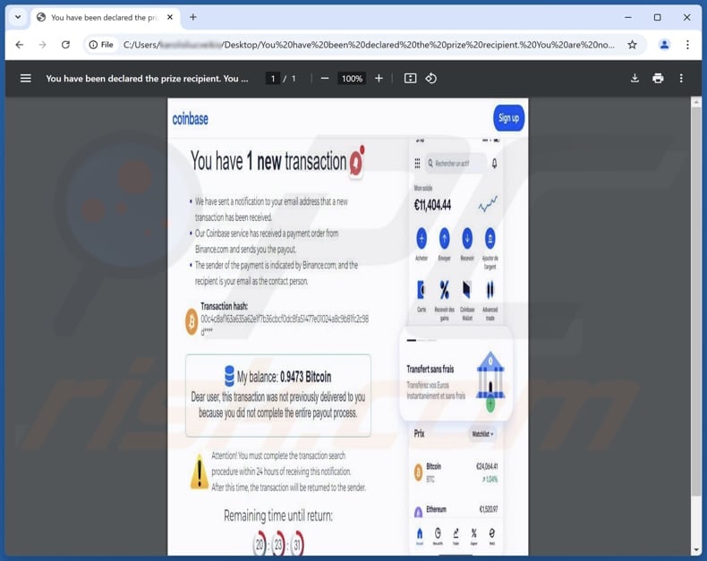 Coinbase - You Have 1 New Transaction Ficheiro PDF fraudulento utilizado noutra mensagem de correio eletrónico fraudulenta